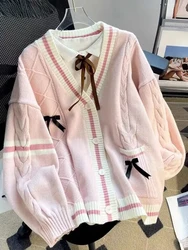 Cardigan lavorato a maglia con fiocco dolce Y2k estetico tutto abbinato cappotti di colore a contrasto moda monopetto donna Kawaii JK maglioni maglione