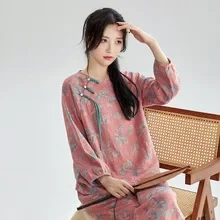 الصينية الرجعية نمط منامة المرأة الغزل مصبوغ طبقة مزدوجة الغزل Homewear الأزهار جولة الرقبة طويلة الأكمام السراويل ملابس المنزل