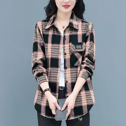 Vintage Classic Plaid Applique Button Up Shirt Fashion Casual Irregular Loose Long Sleeve Cotton Tops Blouses for Women Clothing