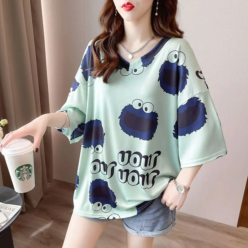 Fashion V-Neck All-match Printed Casual Blouse Women's Clothing 2023 Summer New Oversized Korean Pullovers Loose Commute Shirt