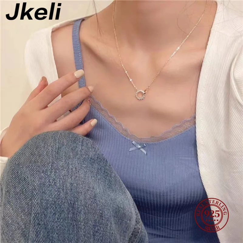 Jkeli 925 Sterling Silver Blue Ocean Hollow Round Zircon Pendant Necklace for Women Fashion Simple Wedding Choker Jewelry Gift