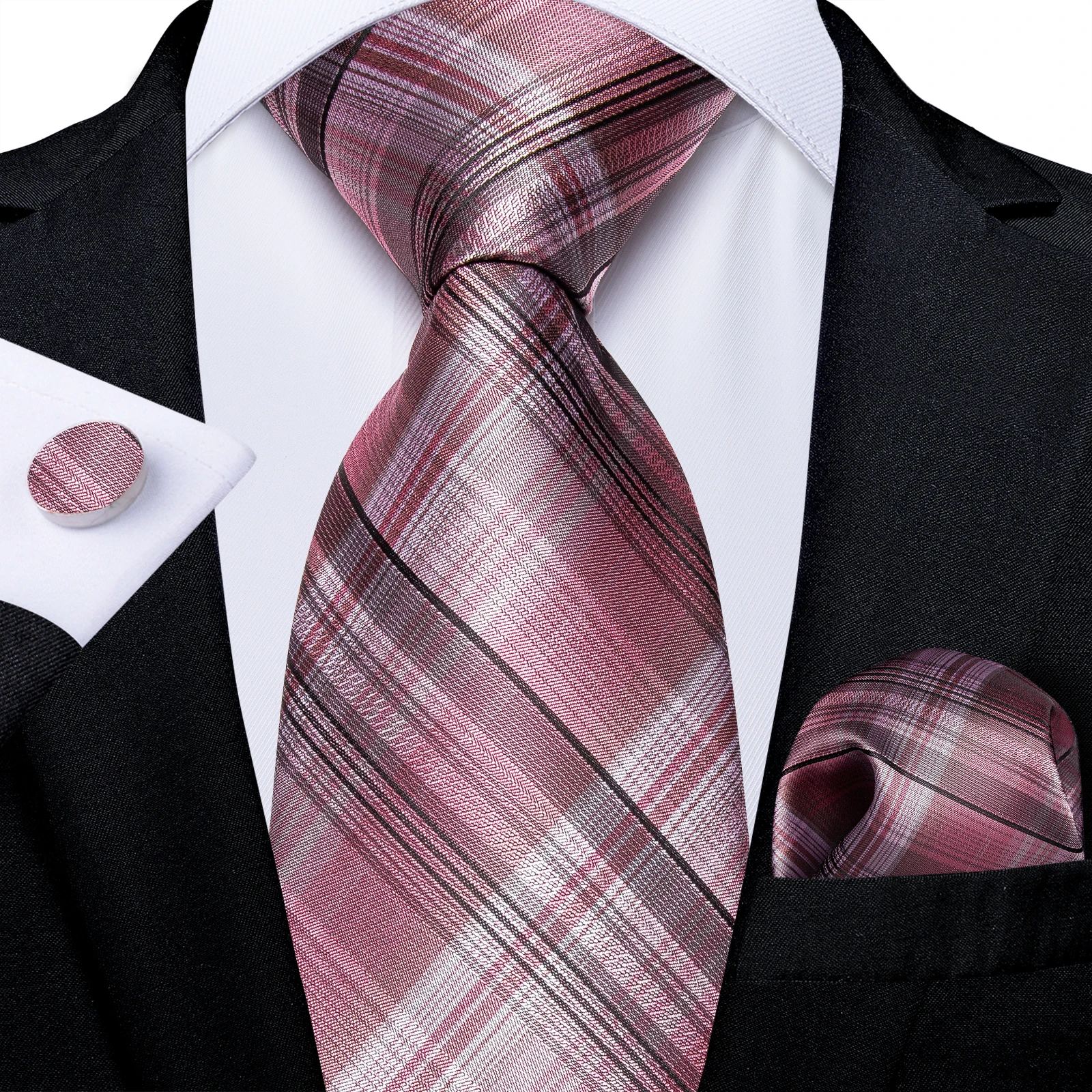 Rosa kariertes Paisley-gestreiftes, solides Business-Hochzeitskrawatten für Männer, Bräutigam-Accessoires, 8 cm Krawatten-Set, Taschentuch, Manschettenknöpfe, Geschenk – Detail 17