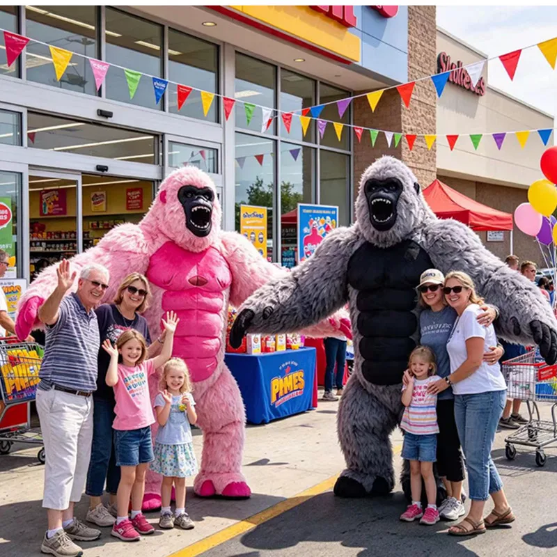 Aufblasbares Cartoon-Puppen-Gorilla-Kostüm Maskottchen für Erwachsene, Pelz, Halloween, Weihnachten, batteriebetriebenes Maskottchen-Outfit
