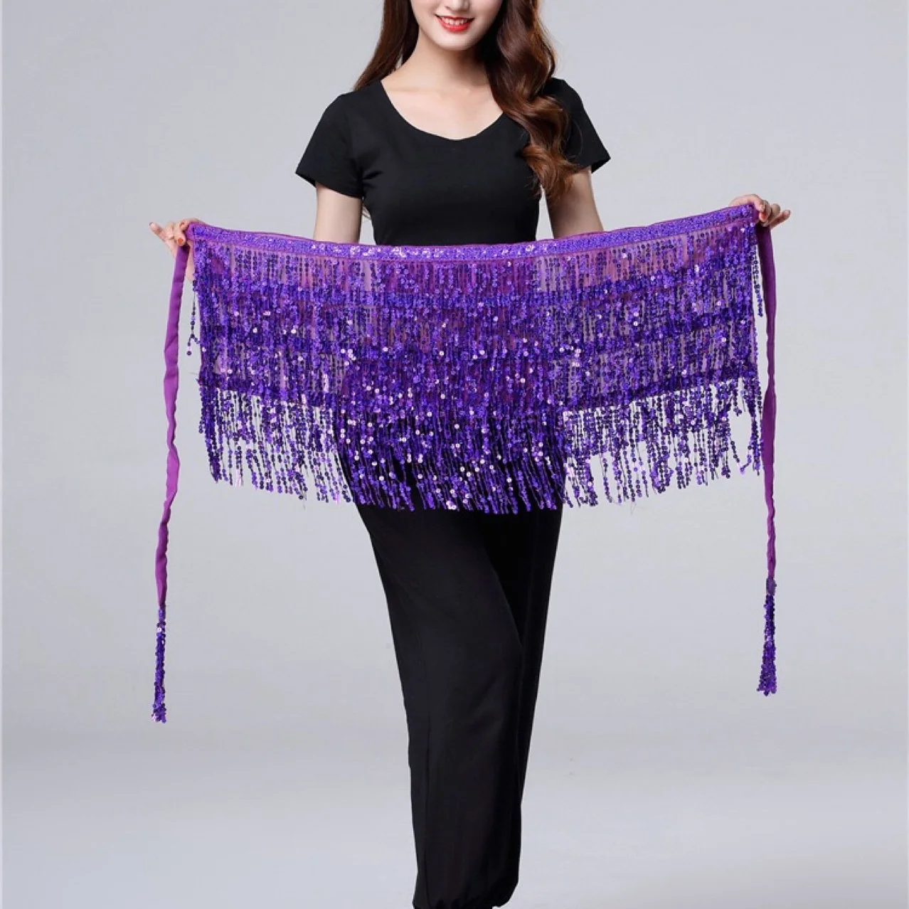 loween Costume da performance di danza del ventre con paillettes Nappa Asciugamano con perline Catena in vita Asciugamano da ballo Luminoso scintillante