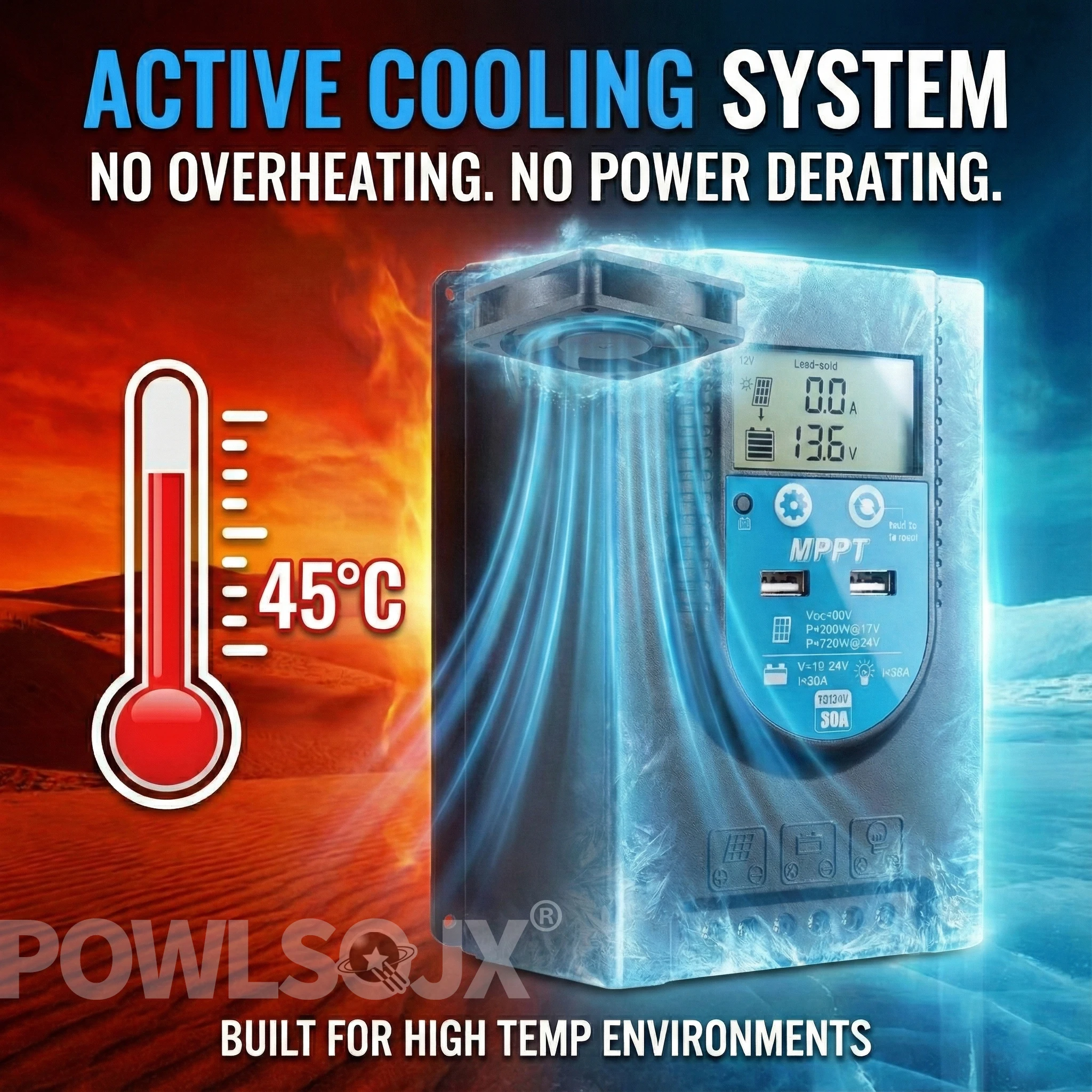 POWLSOJX 30A MPPT Solar Charge Controller 12V/24V Auto Fan Cooled Regulator for LiFePO4