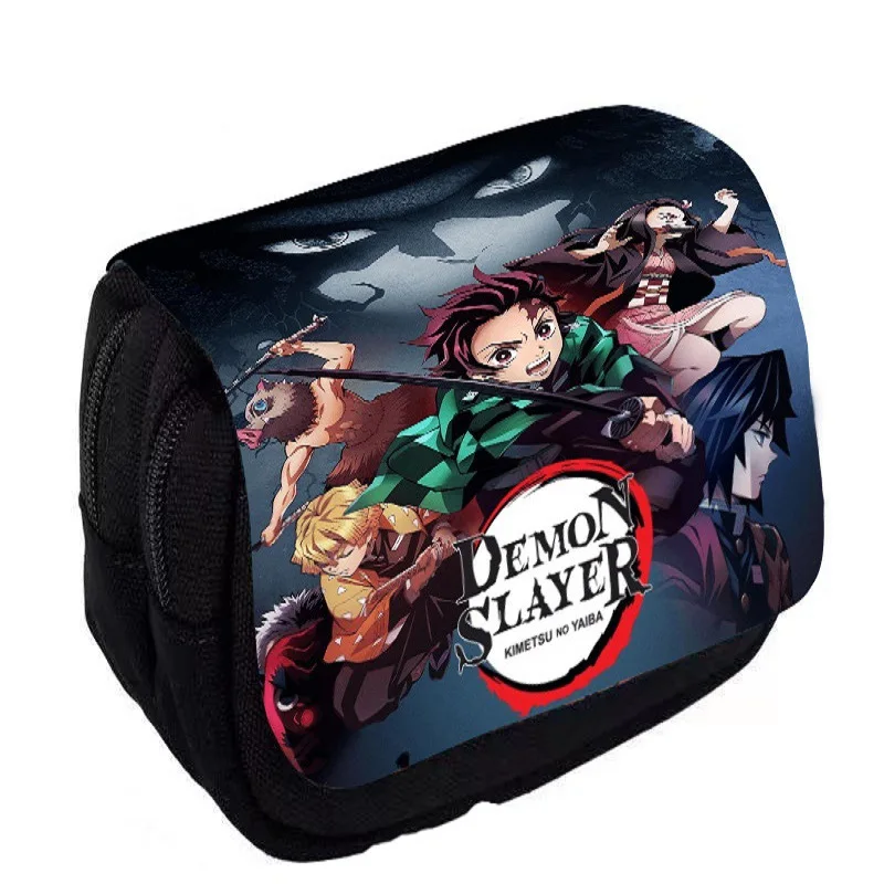 Demon Slayer Pencil Case Student Bilayer Storage Bag Tanjirou Nezuko Zenitsu Giyuu Cartoon Printing High Quality Pen Case Gift