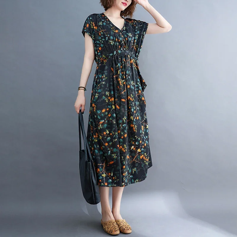 Fashion Plus Size Acetic Acid Satin Age Reducing Lace Up Floral Dress for Women Persimmon and Sweet Simple and Comfortable