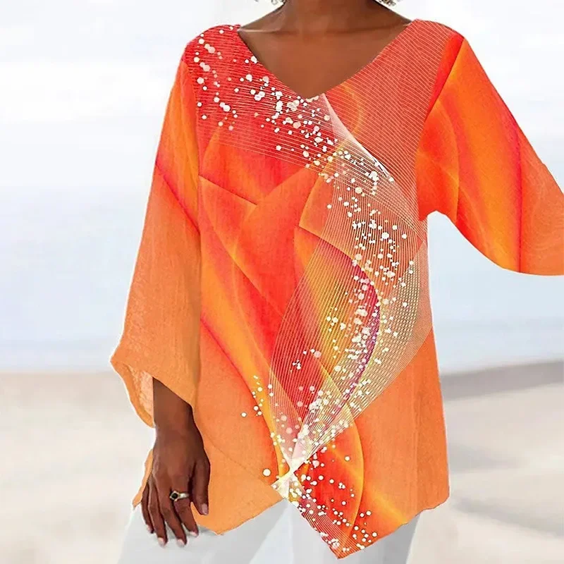 European and American women's 2024 spring new T-shirt casual loose irregular printed long sleeved V-neck top women YBF24-3