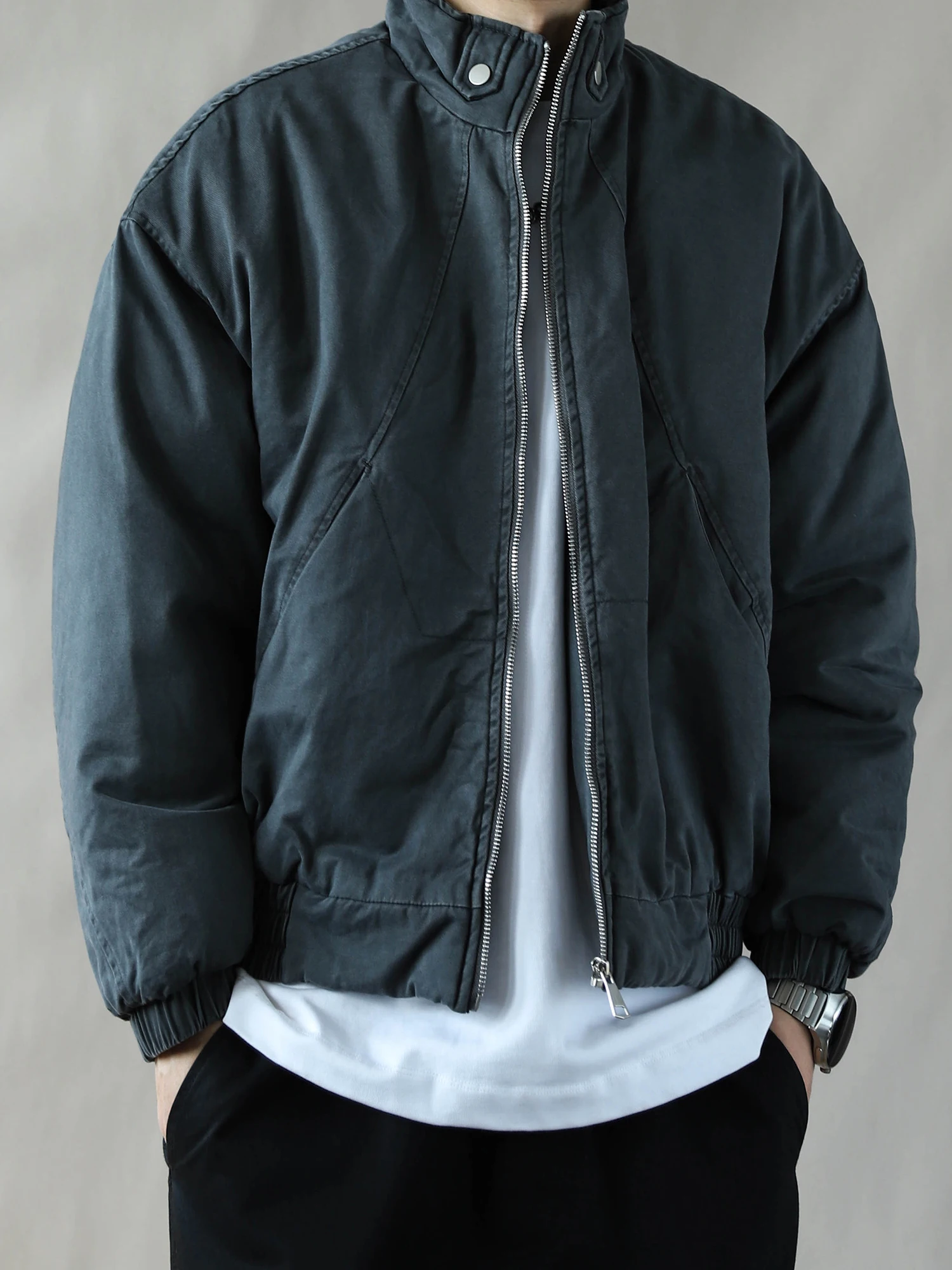 

American Retro Stand Collar Thiened Cotton Jaet Men's Loose Warm Outerwear Winter Workwear Versatile ey Long Sve Zip...