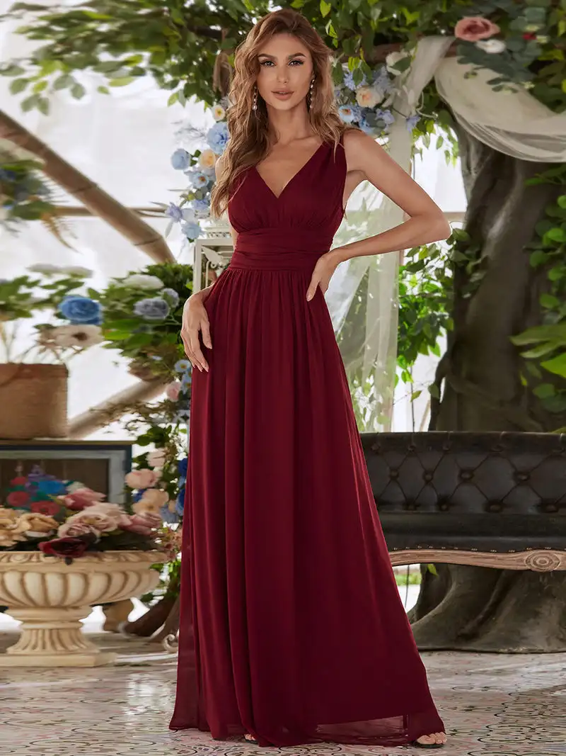 

Elegant Evening Dresses Double V-Neck Sleeveless Maxi Floor-Length 2024 BAZIIINGAAA of Burgundy Solid Chiffon Prom Women Dress