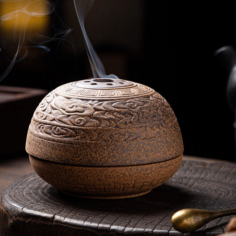 

Old Clay Auspicious Clouds Incense Burner Home Incense Burner Hollowed Out Mini Small Smoke Stove Living Room Ceramic Decoration