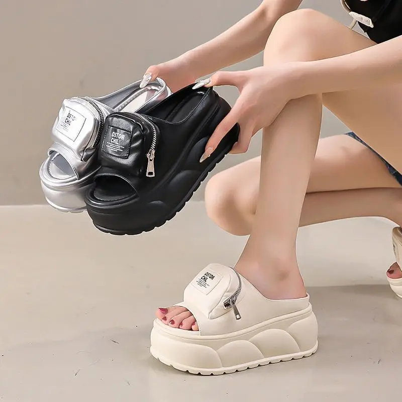 New 2025 high heels Chunky Slides Ladies Designer Front Zip Pocket with Coins Small girls Elevator Shoes - Image 3