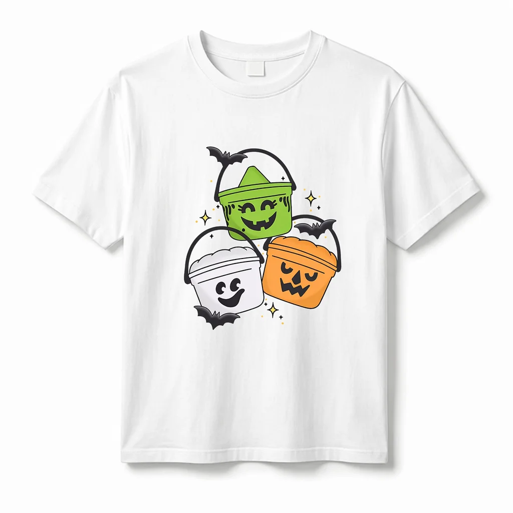 Halloween Candy Bucket T Shirt Women 100% Cotton Cute Pumpkin Ghost Bat Graphic Tee Oversized Trick or Treat Shirt