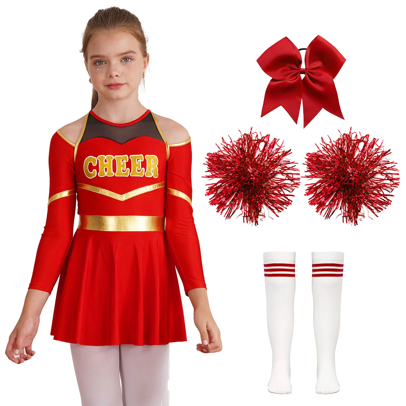 Costume de pom-pom girl à manches longues pour enfants, robe de danse de pom-pom girl, uniforme d'Halloween pour filles, fête à thème de carnaval, robe de paupières