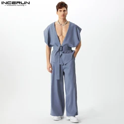 Fashion Sexy Style Sets INCERUN Handsome New Men's Hooded Silhouette Belt Vest Wide Leg Pant Casual Clubwear Male Two-piece Sets