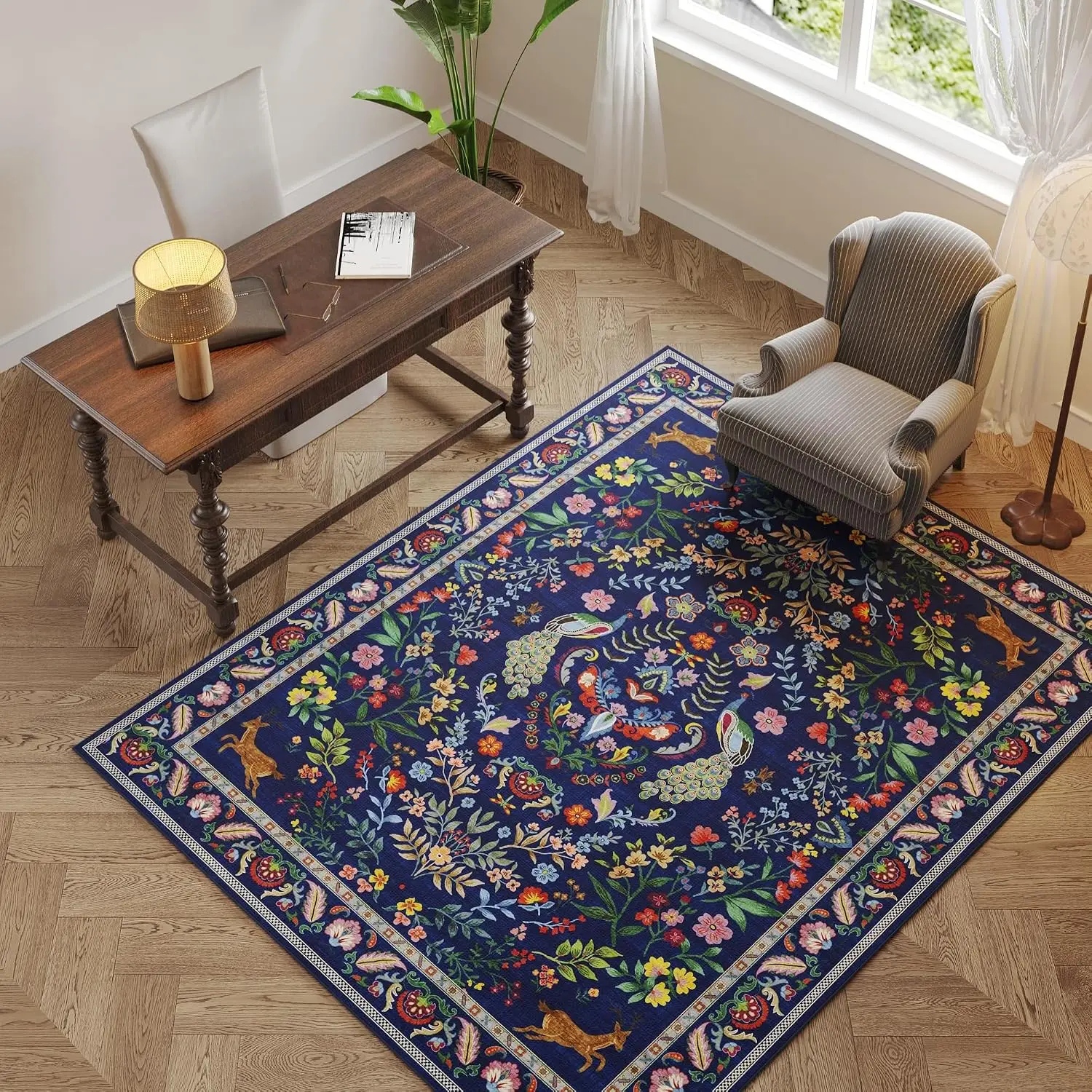 Navy Peacock Deer Floral Area Rug, Retro Vibrant Wildlife Bloom Print, Non-Slip Washable Mat for Bedroom Room Game Room Indoor - view 5