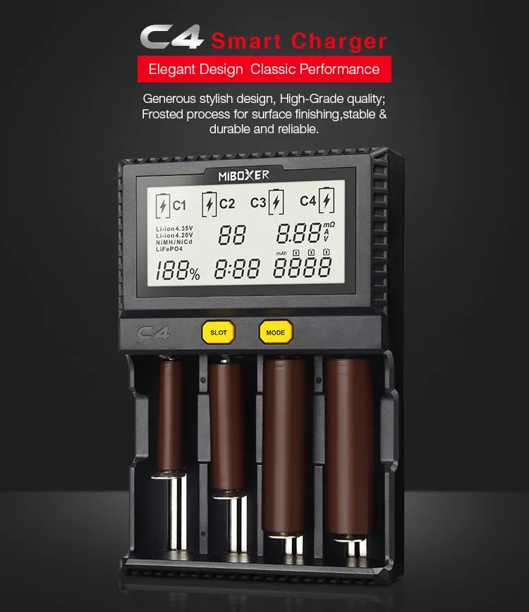 Max 2.5A/Slot MiBoxer C4 Battery Smart Charger Double AA  Super Fast 18650 14500 26650 Charger discharge Charge function