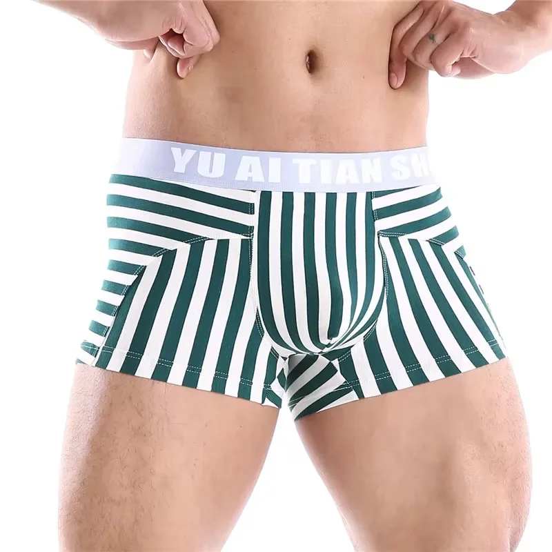 Men's Erotic Trunks Teenager Cotton Breathable Bulge Pouch Boxer Shorts Youth Fashion Striped Mid Waist Panties Gays Sexy Tangas