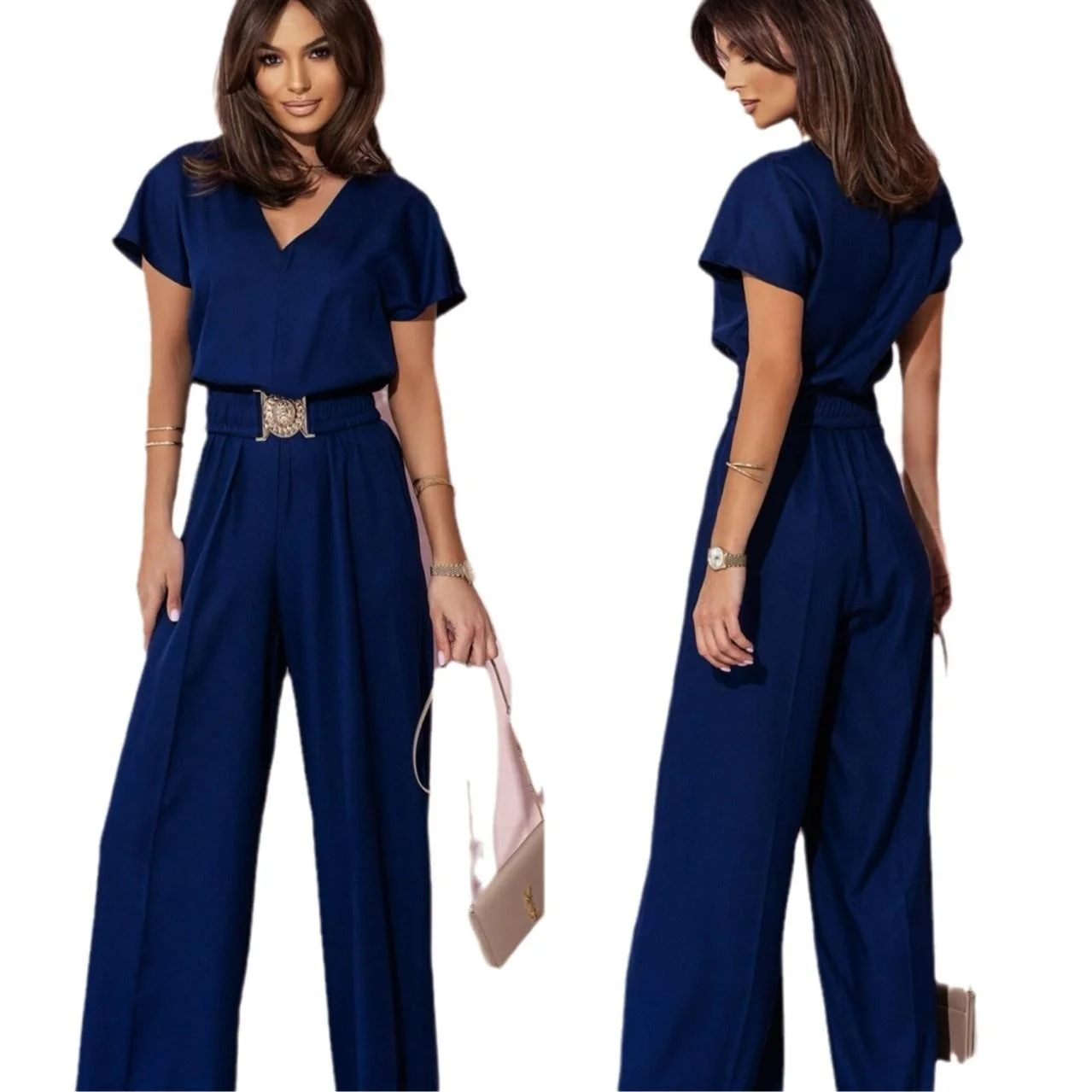 Combinaison pantalon Long décontractée pour femmes, décontractée, col en v, couleur Pure, taille haute, t-shirt en Fiber d'acétate