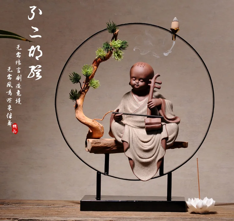 

large #TOP business ART# HOME Office "CHAN " Buddha high-brow sand-fired porcelain pottery erhu censer art statue + free Incense