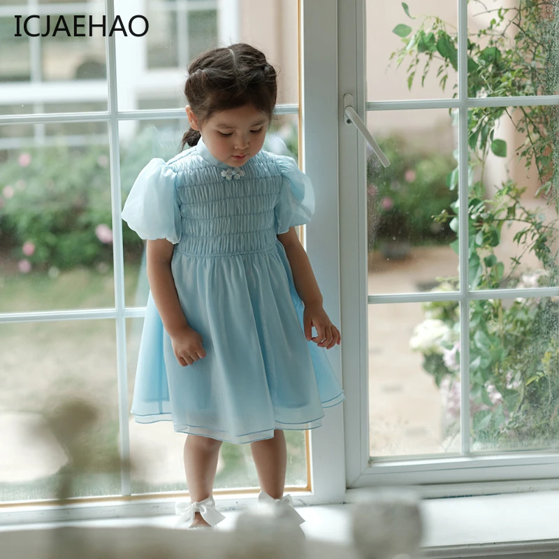 

ICJAEHAO 2024 Girl Dress Retro Guofeng Original Children's Princess Short Sleeve Clothing New Cheongsam Summer Matching Outfit