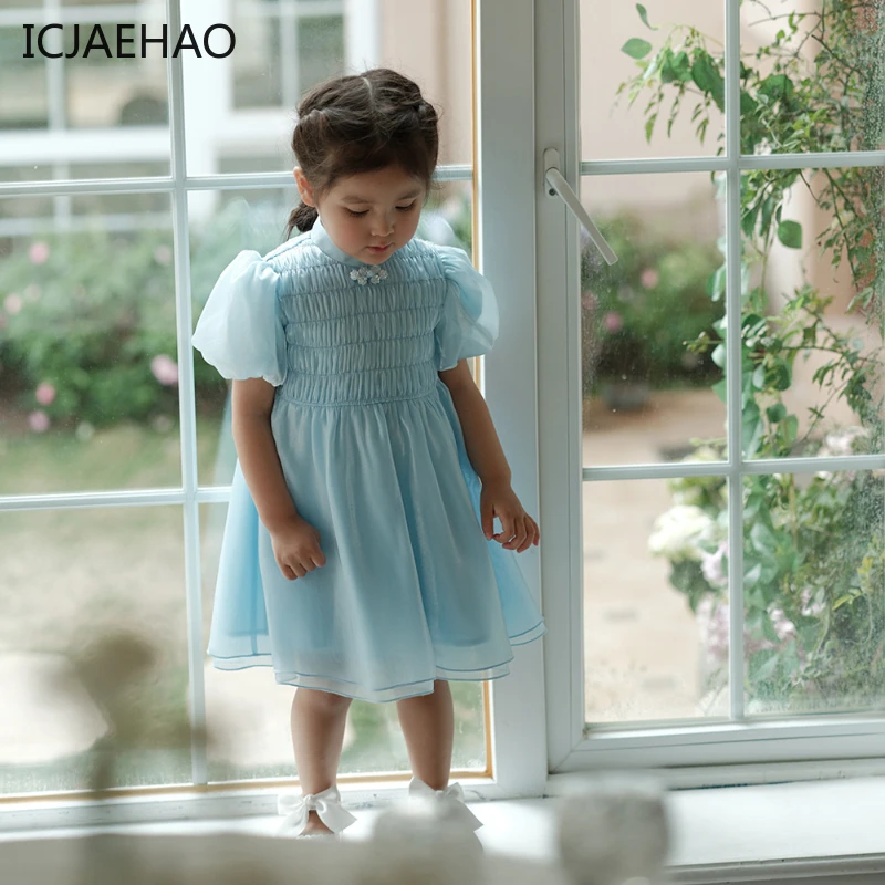 ICJAEHAO 2024 Girl Dress Retro Guofeng Original Children's Princess Short Sleeve Clothing New Cheongsam Summer Matching Outfit