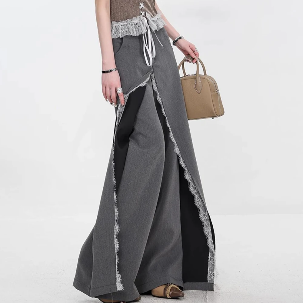 

Grey lace splicing design suit pants women's loose and drape wide-leg pants trousers early spring