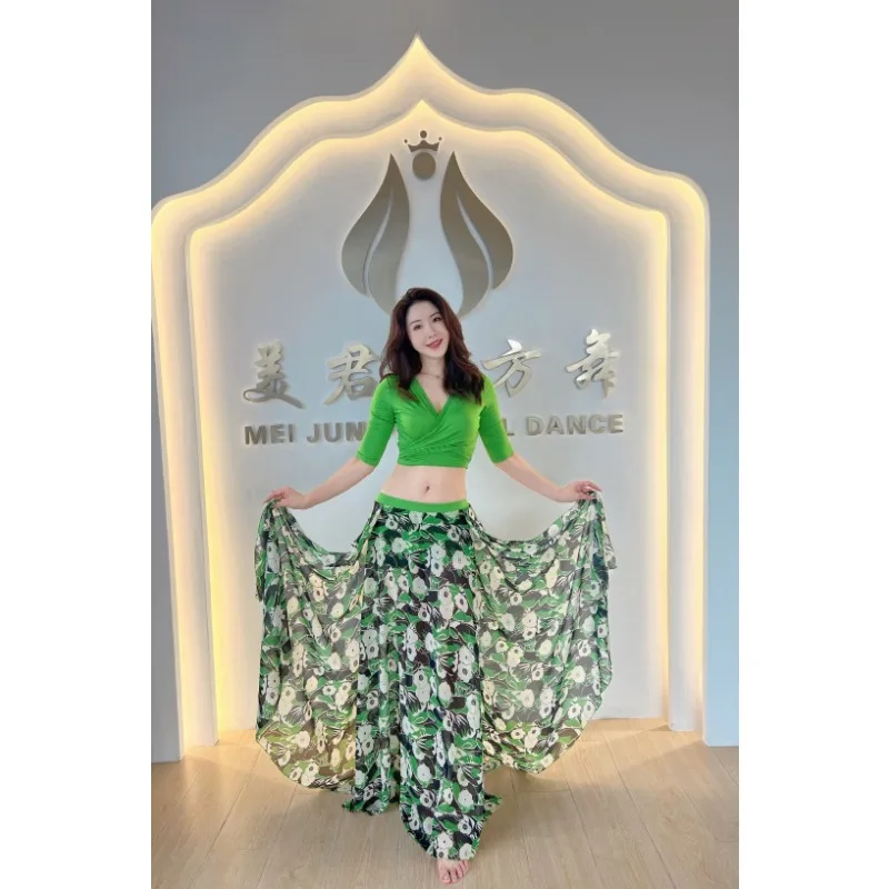 customized belly dance costumes practice suit set tied top green printed chiffon large swing skirt Oriental dance large size