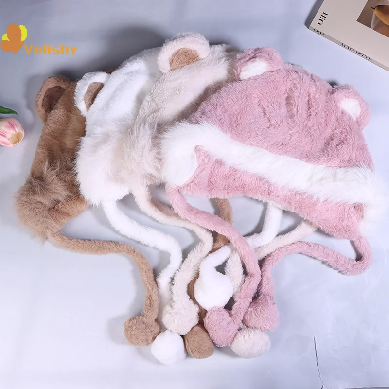 الخريف والشتاء الدراجات الدافئة ومتعددة الاستخدامات حماية الأذن لطيف فروي الثعلب الفراء الدب الأذن قبعة تبدو صغيرة قطعتين هود وشاح مجموعة