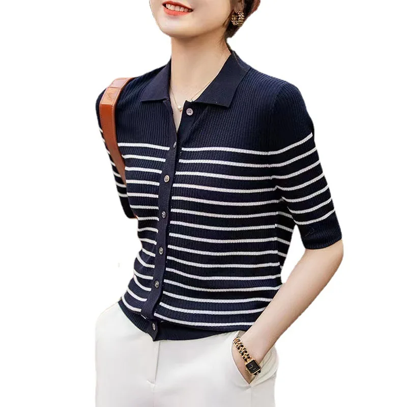 قميص بولو نسائي مخطط بأكمام قصيرة من Boweylun ، كارديجان كاجوال منسوج ، مريح ، جيد التهوية ، صيفي ، جديد