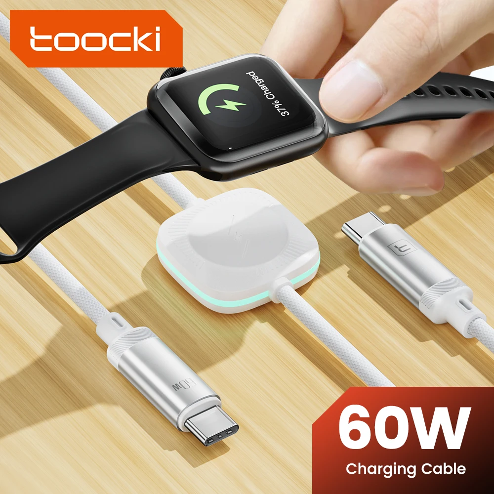 Toocki PD 60W USB Type C Cable 2-In-1 Portable Magnetic Wireless Charger For iPhone Samsung iWatch 7 6 5With LED Indicator Cable