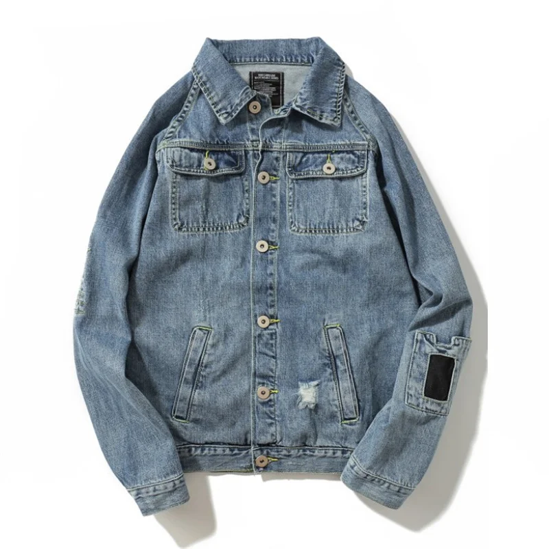 

Autumn and winter new products washed and used denim jacket loose patch hole top high street men's and women's casual jacket