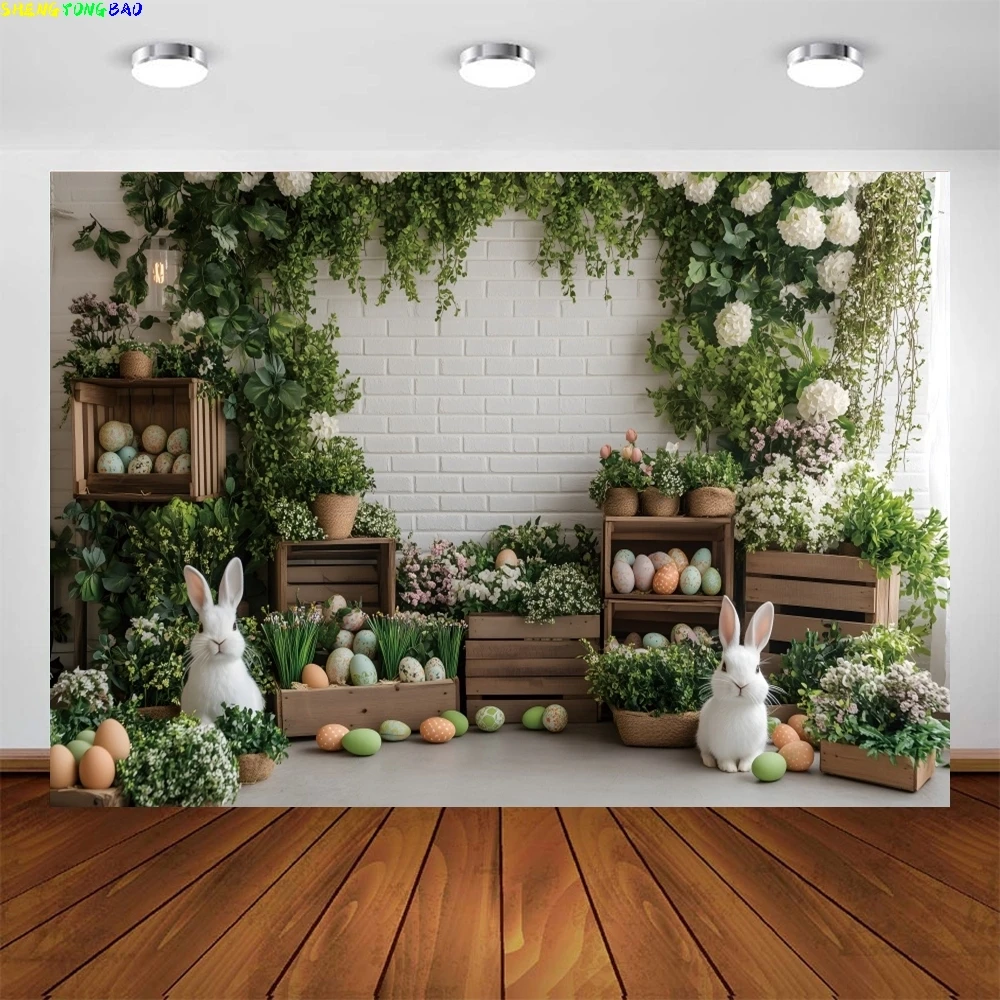 Primavera fundo de páscoa para fotografia parede de tijolo branco piso de madeira plantas verdes flores ovos coelhos pano de fundo estúdio foto