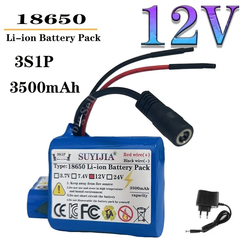 Enhanced 3S1P Protection Board 12V 3.5Ah Battery 12V 3500mAh 18650 Lithium Ion DC12.6V Super Charging Battery + Charger Included
