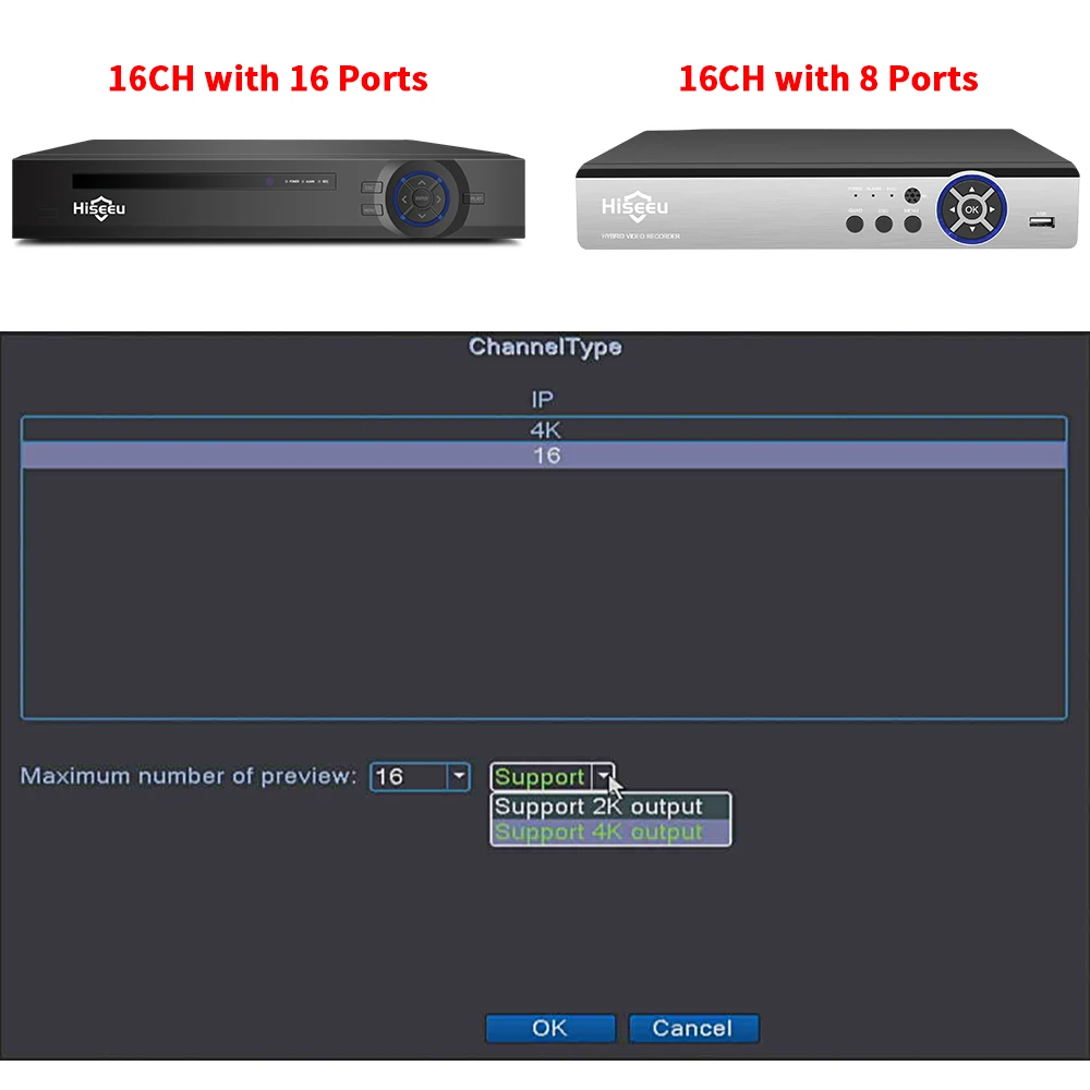 ¡Vaya! Hiseeu 4K 16CH POE NVR Onvif H.265 Grabador de vídeo de seguridad de vigilancia para cámara IP POE (1080P/3MP/4MP/5MP/8MP/4K)