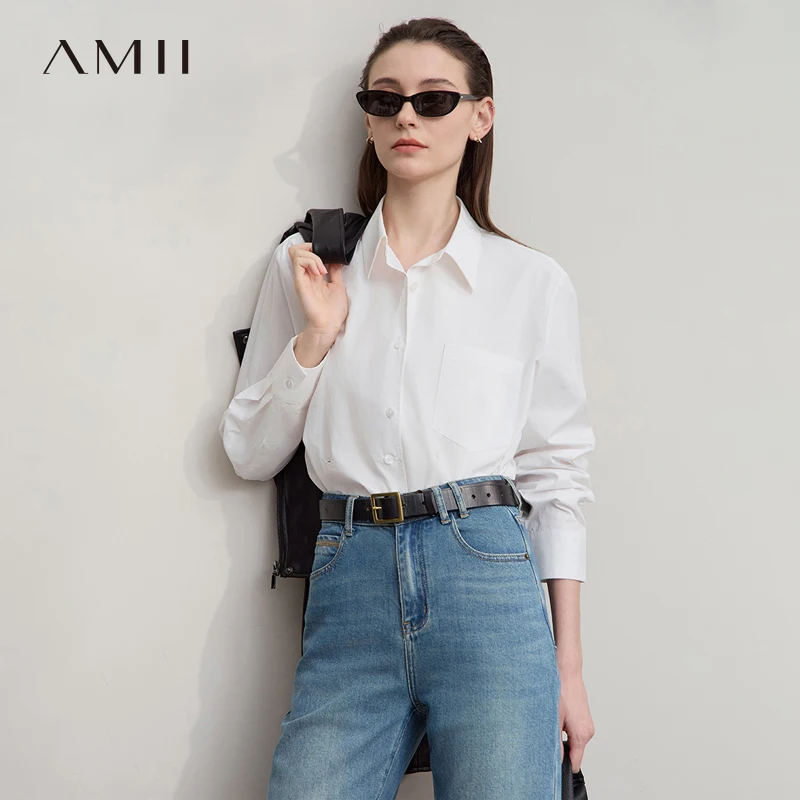 

AMII Women's Shirt 2025 Autumn New Solid Color Cotton Ladies Tops Loose Medium And Long Long-sleeved Blouse For Woman 12543160