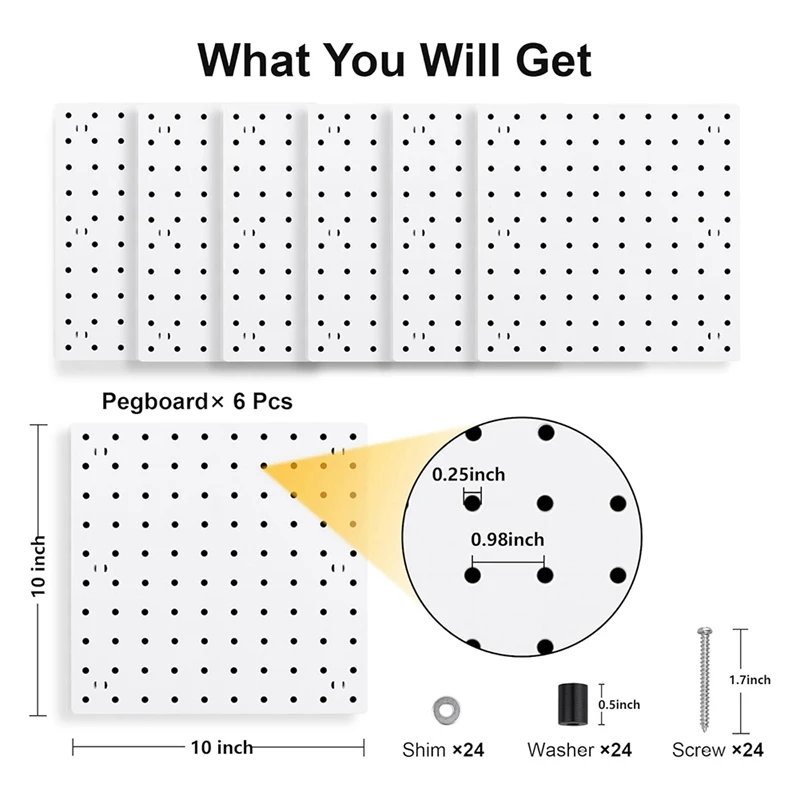6Pcs Peg Board, Peg Board Wall Organizer Panels, White Peg Board Wall Mount, Peg Board For Craft Room