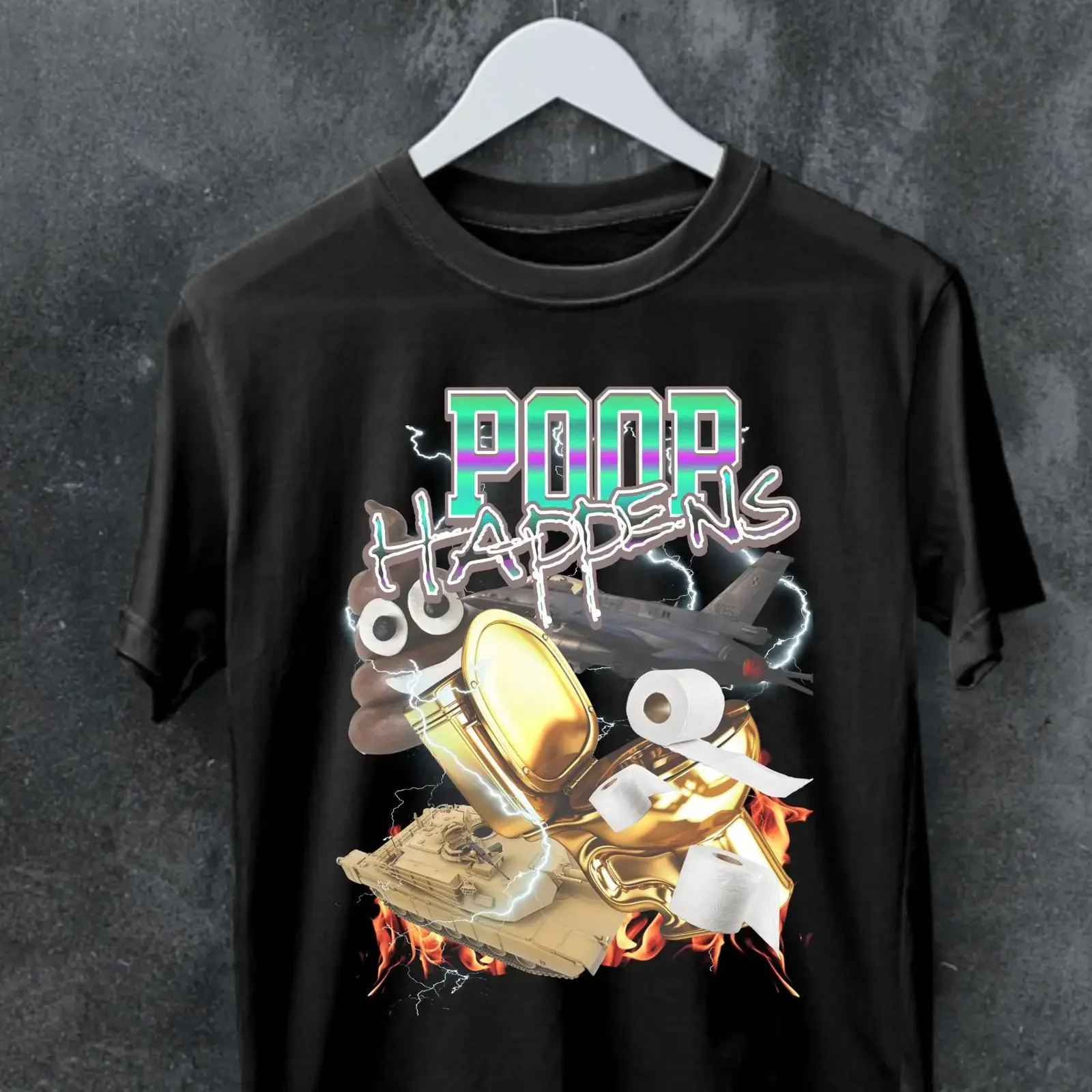 Stylish 'Poop Happens' Meme T Shirt Y2K Party vintage Washed graphic Slightly fashion Unisex Top For Everyday Wear Versatile