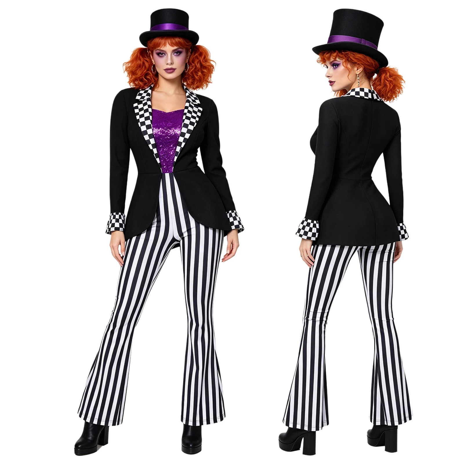 Disfraz de Cosplay de Sombrero Loco de Circo para Mujer, para Halloween y Carnaval, con Manga Larga, Cierre de Cremallera, Lentejuelas, Rayas, Cola de Golondrina y Pantalones Acampanados