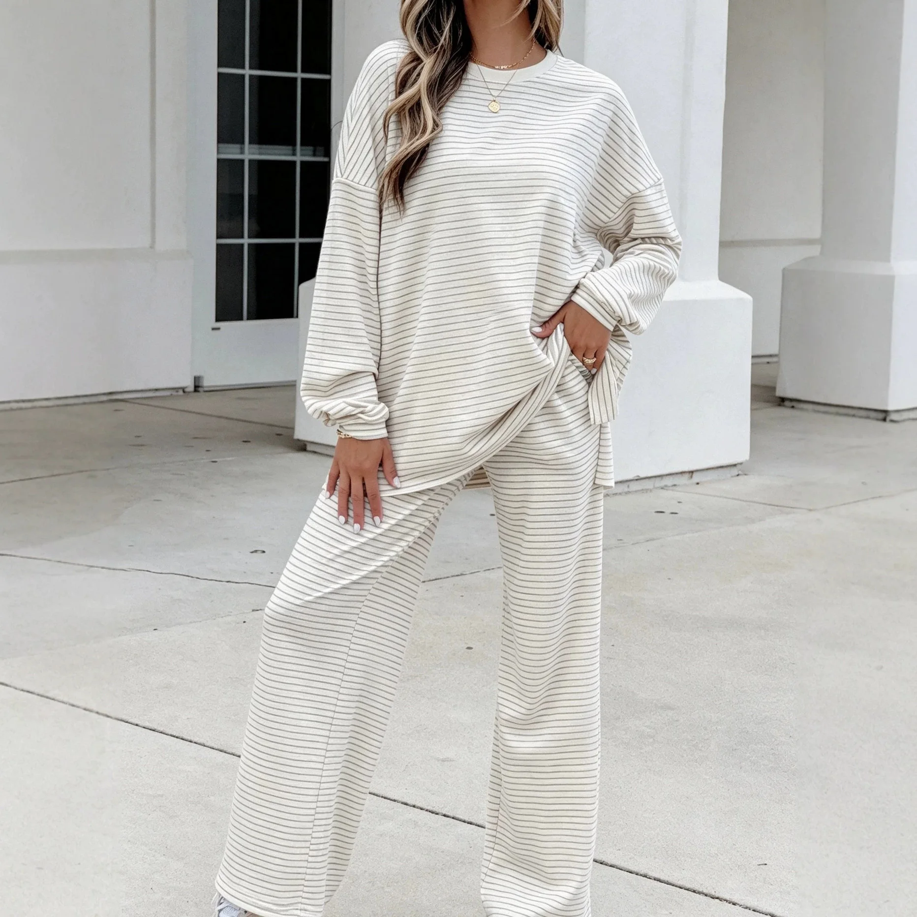 Women's Round Neck Textured Long Sleeve Top And Elastic Waist Wide Leg Pants Two Piece Outfit Set Loose Commuter Daily Wear Set