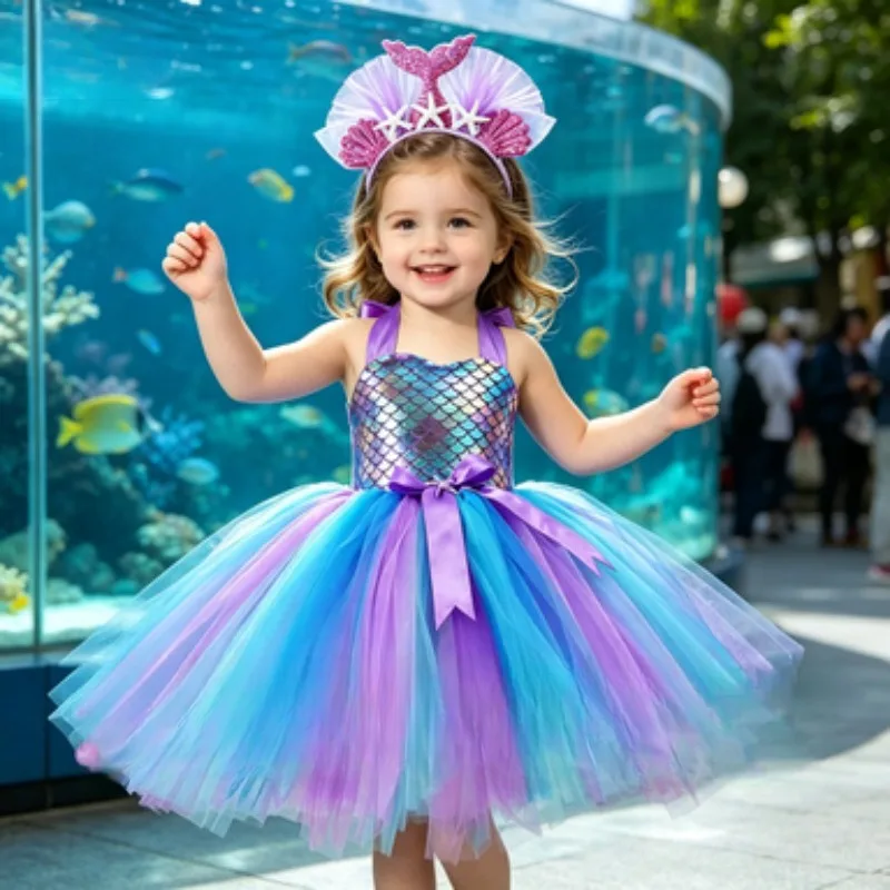 

Mermaid Princess Tulle Tutu Dress for Little Girls, Outfit for Toddler Baby Birthday Parties & Kids' Holiday Stage Costumes