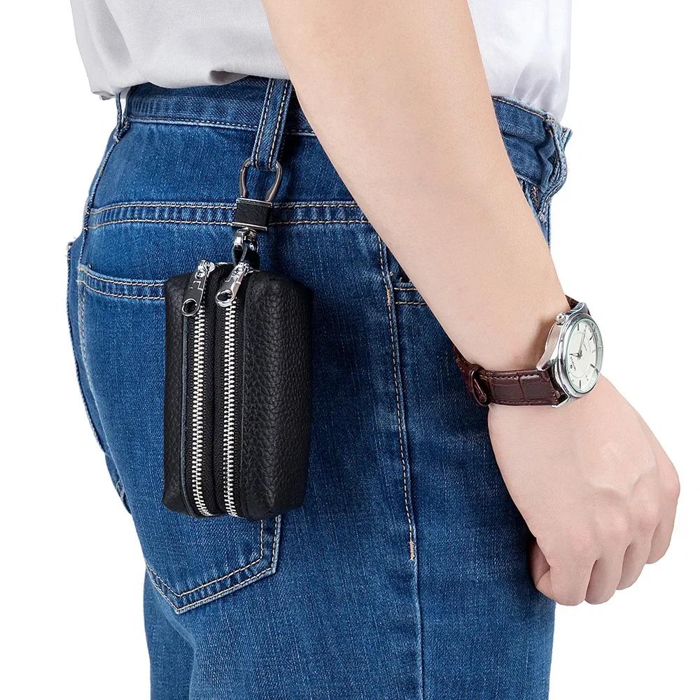 Genuine Leather Key Wallets Unisex Key Bag Men Car Key Holders Double Zipper Keychain Case Women Smart Housekeeper Change Purse
