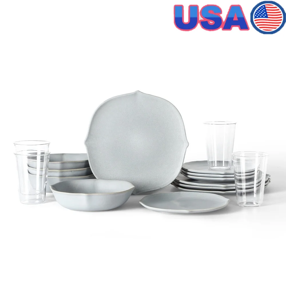 

32 Piece Dinnerware Set Stoneware Borosilicate Glass Vintage European Design Dishwasher Microwave Safe Complete Meal Set