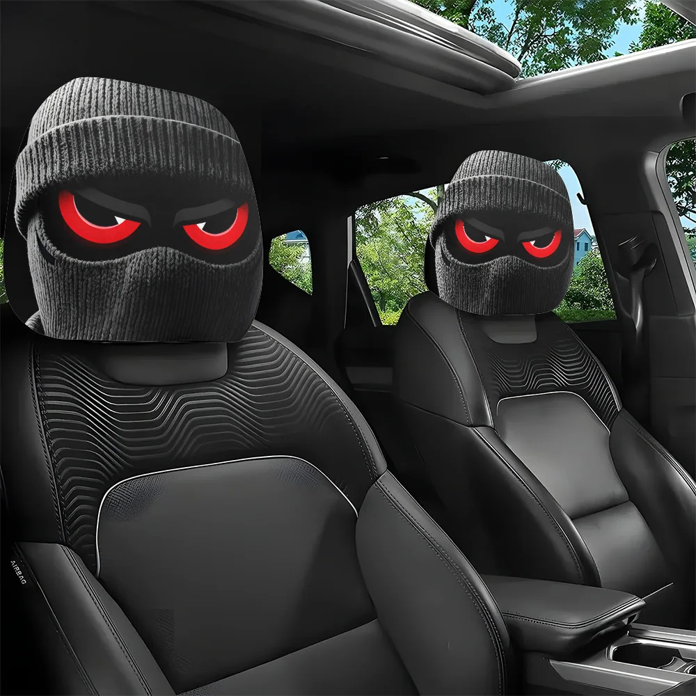 2pcs Red-Eyed Bandit Mask Car Headrest Covers, Knit, Unisex, Easy To Install and Wash