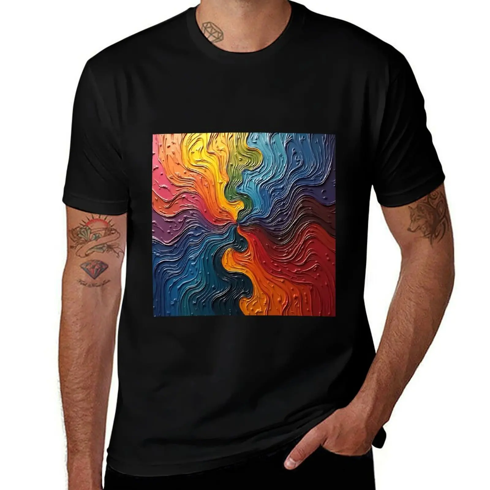 

Chromatic Flow Symphony - Textured Abstract Color Burst T-Shirt Short sleeve tee rapper graphic tees mens workout shirts