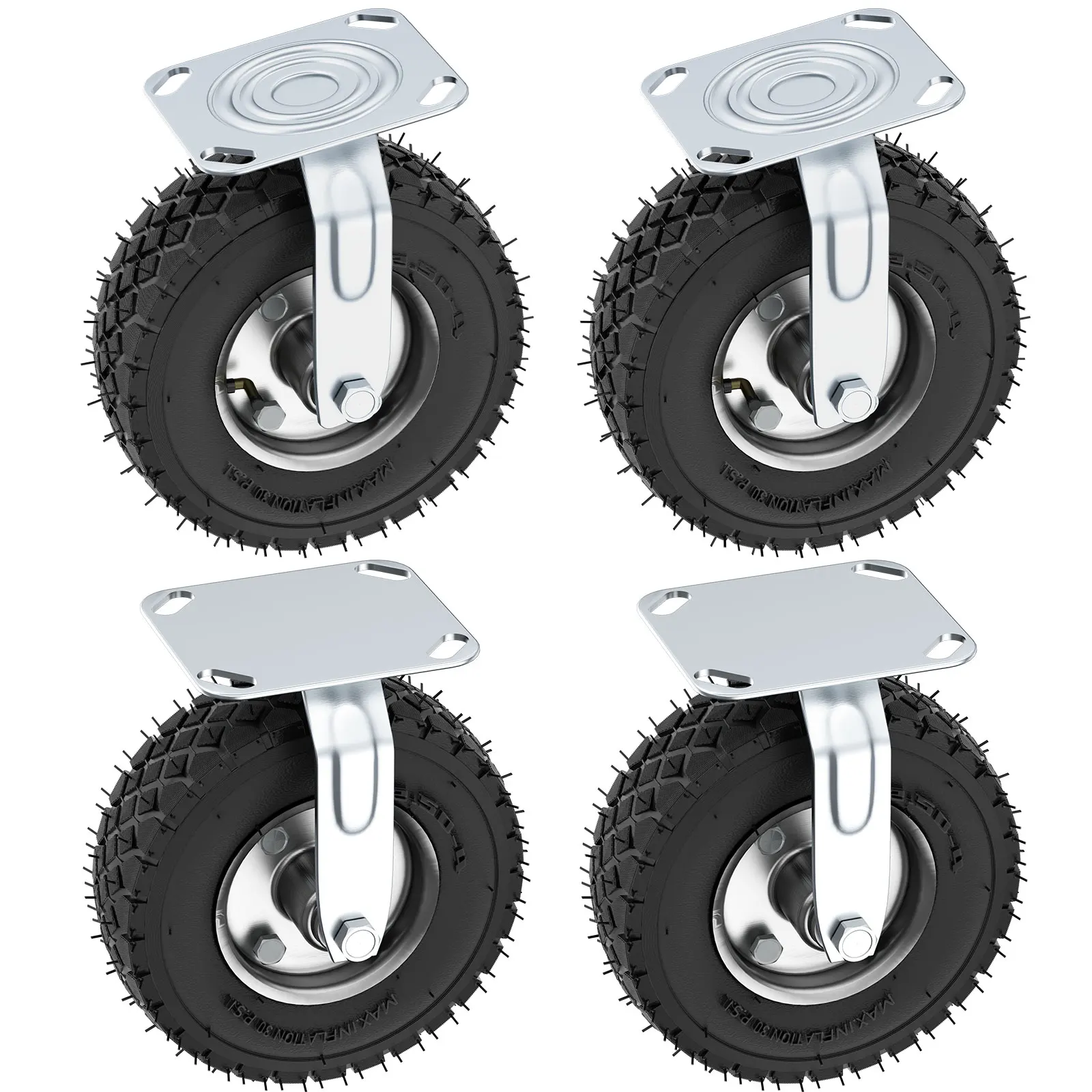Kit de 4 roulettes 200/250mm, 2 pivotantes + 2 fixes, 200/250kg, caoutchouc, pour meubles, chariots et équipements lourds