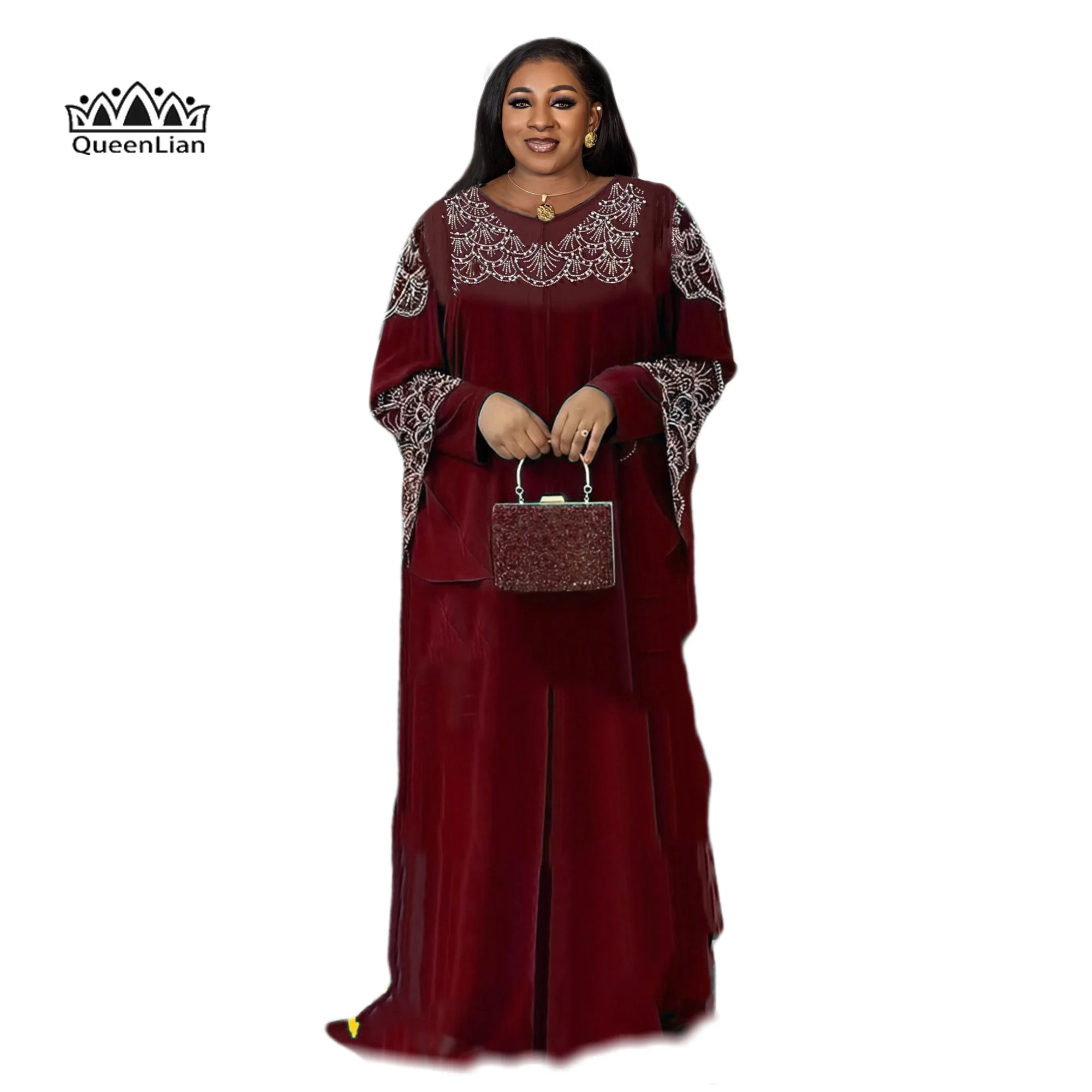 Stunning African Design: 2-Piece Vest with Lace Beaded Diamond Long Sleeve African Fashion Women\'s Maxi Dress