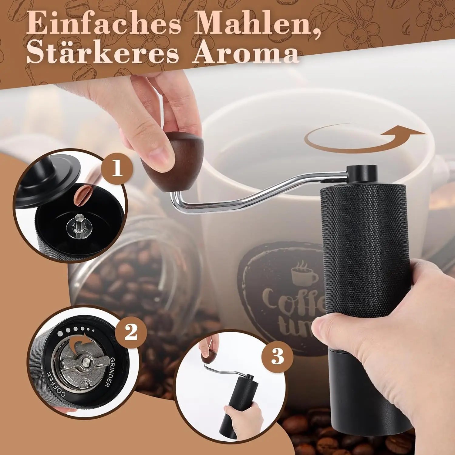 Manual Coffee Grinder Stainless Steel Double Bearing Positioning Adjustment of Grinding Level Wooden Handle Coffee Bean Grinder