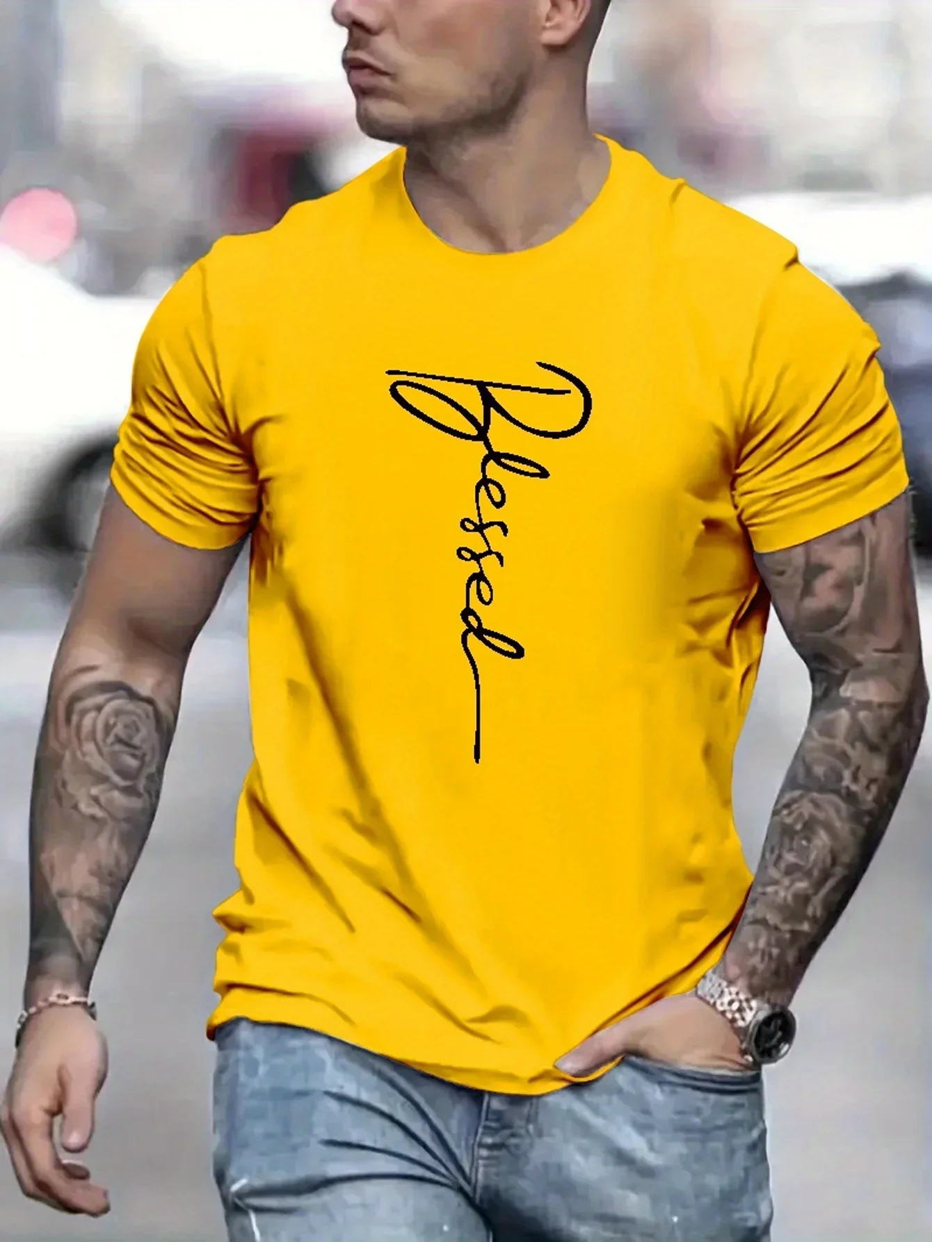 Men's 100% cotton summer loose fit oversized Blessed printed slim fit casual sports round neck short sleeved T-shirt top