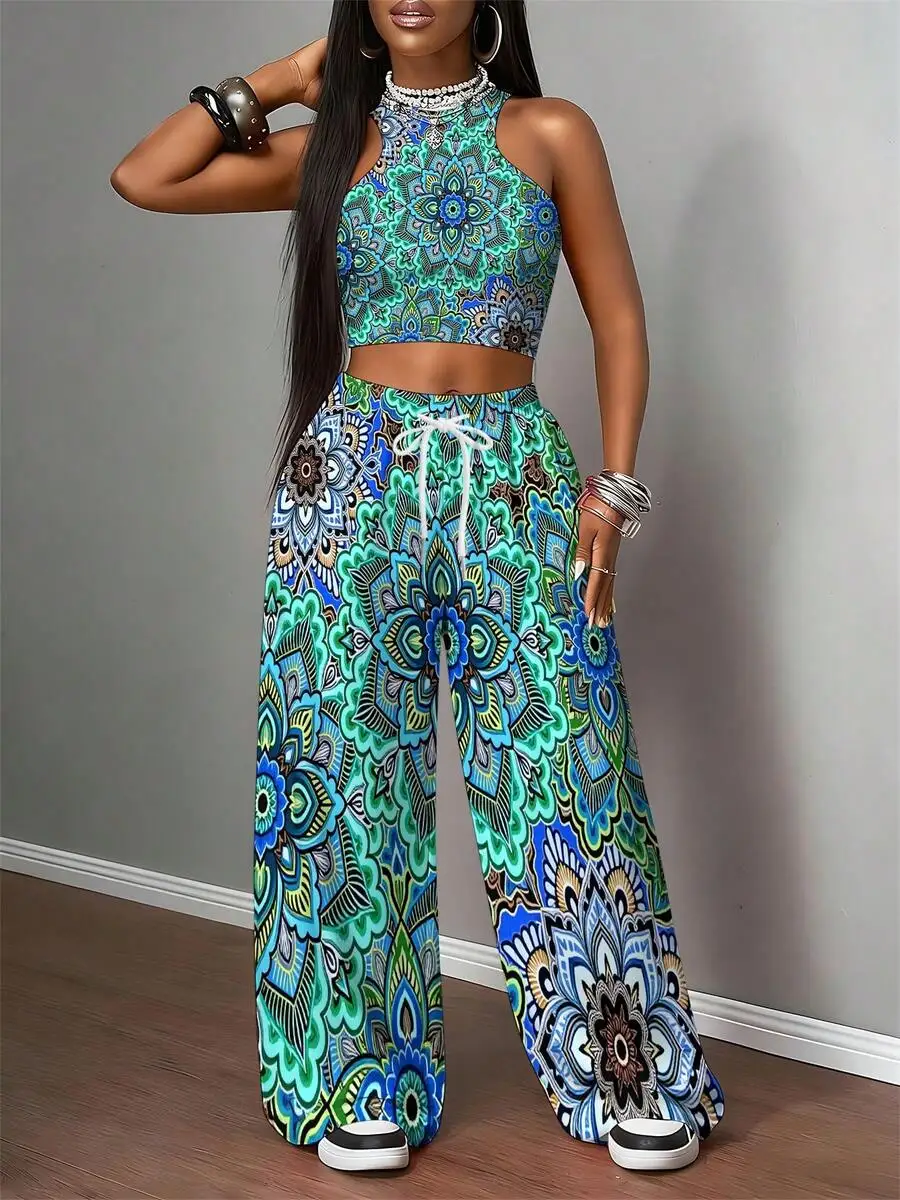 

Mandala Print Halter Crop Top With Wide Leg Palazzo Pants In Blue And Green For Casual Summer Wear